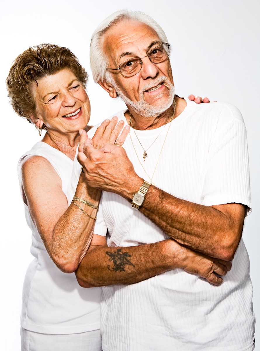 men's white crew-neck T-shirt happy old people with life insurance